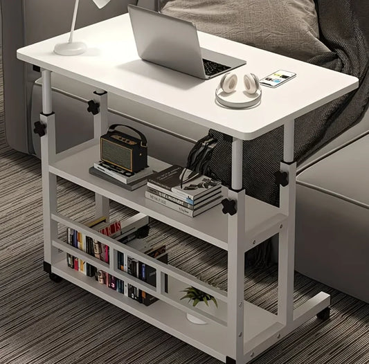 3-Tier Heavy-Duty Metal Folding Table, Height-Adjustable & Extendable Desktop, Mobile Computer Desk with Storage Shelf and Smoot