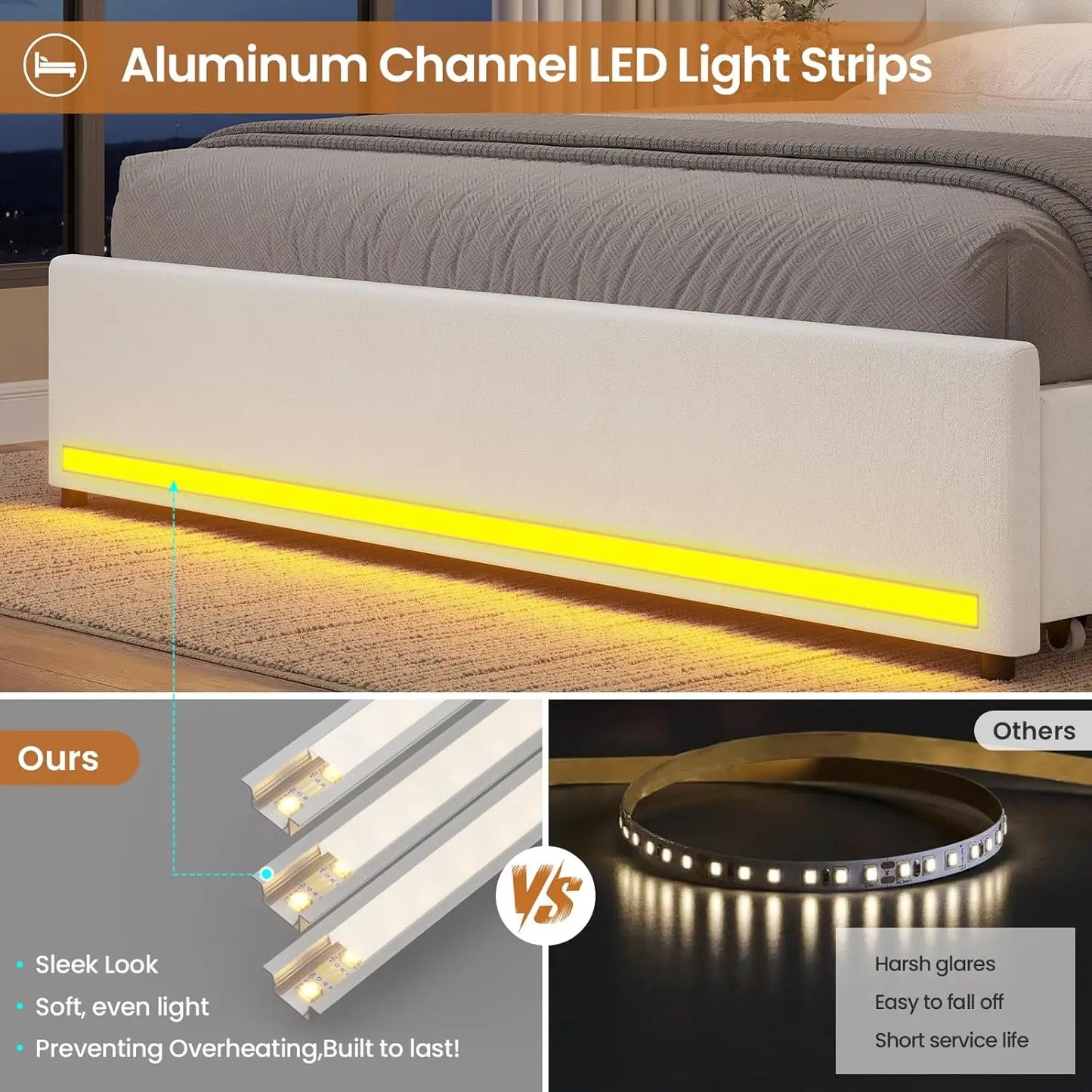 Velvet Platform Bed with LED Lights, Storage Drawers, and Charging Station in Creamy White