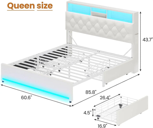 Velvet Platform Bed with LED Lights, Storage Drawers, and Charging Station in Creamy White