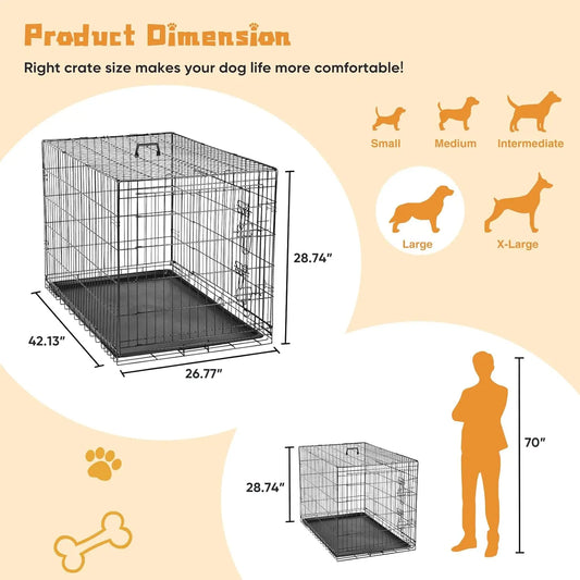 42 Inch Large Double Door Dog Crate with Leak-Proof Tray, Folding Metal Wire Pet Kennel for Indoor/ Outdoor Travel