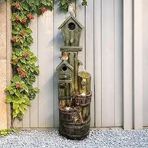 Wishing Well Rustic Outdoor Water Fountain with Buckets, Pump & Lights
