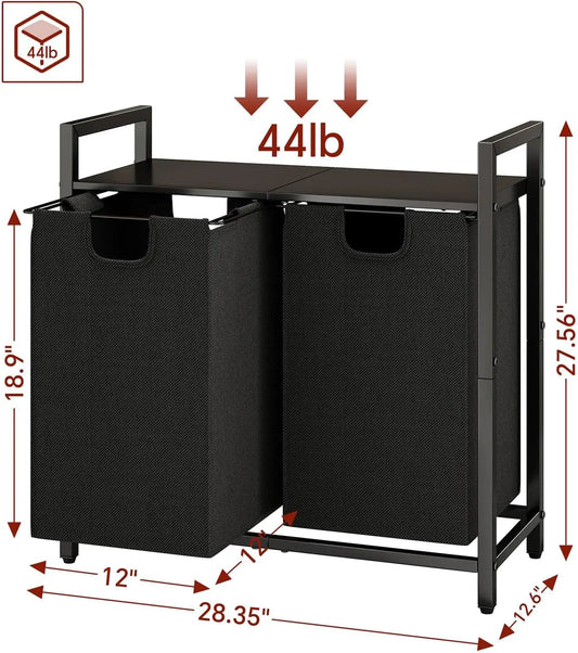 Laundry Basket Organizer with Shelf & Removable Bags, Dual Compartment Hamper for Laundry Room, Bathroom, Dorm