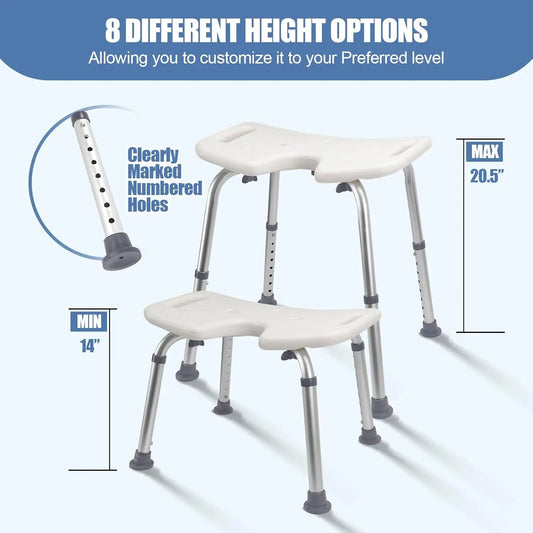 Adjustable U-Shaped Shower Chair with Open Seat, Non-Slip Bath Stool for Adults & Elderly