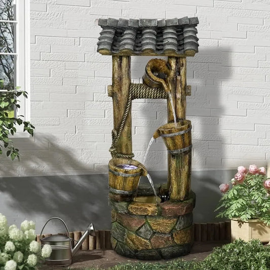 Wishing Well Rustic Outdoor Water Fountain with Buckets, Pump & Lights