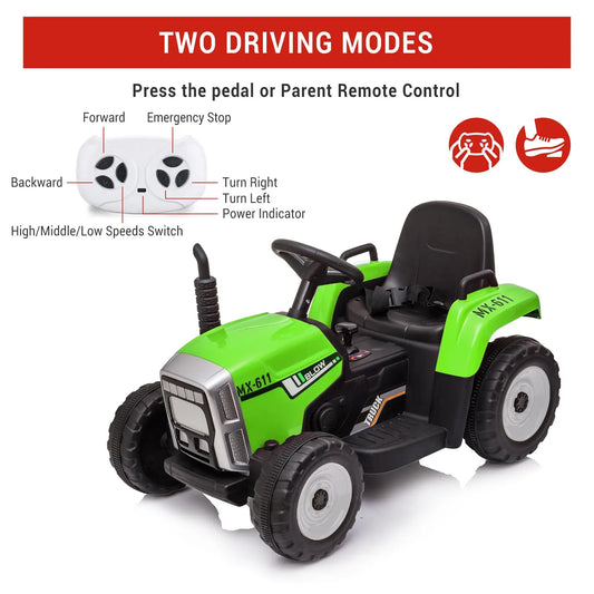 12V Kids Tractor With Detachable Trailer, Electric Ride On Vehicle Toy With Remote Control For Boys Girls 3-8