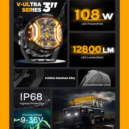 AUXBEAM 3 Inch 108W LED Pod Lights Driving Lights LED Side Shooter Pod Lights with Amber DRL for ATV UTV SUV Off Road