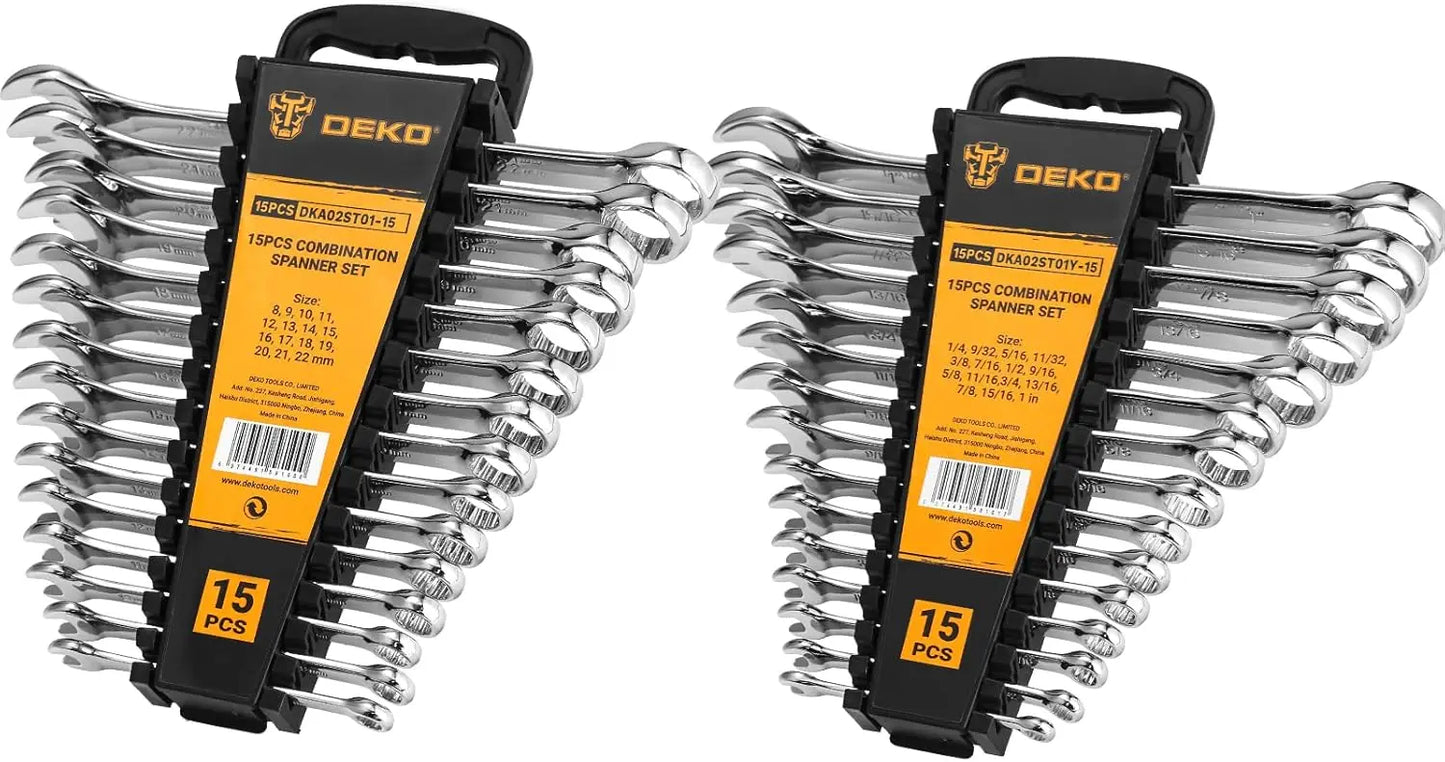 Combination Wrench Set, SAE & Metric, 1/4'' to 1'' & 8-22mm, 12-Point, Chrome Vanadium Steel, with Plastic Tray