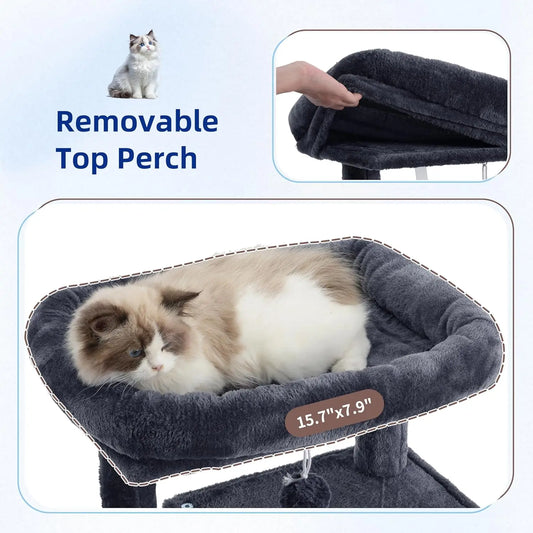 43.3 Inch Cat Tree Tower for Indoor Cats with Sturdy Steel Tube, Hammock, Condo, Scratching Post in Smoky Gray
