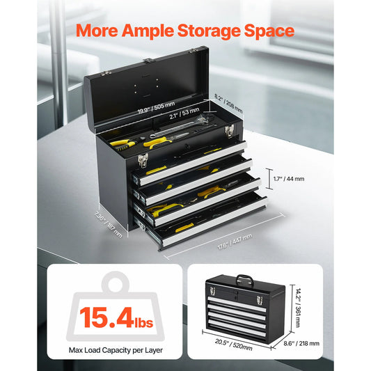 20.5in Metal Tool Box Portable 4-Drawers Tool Chest with Drawers Locking Multi-Function Tool Organizer for Workshop