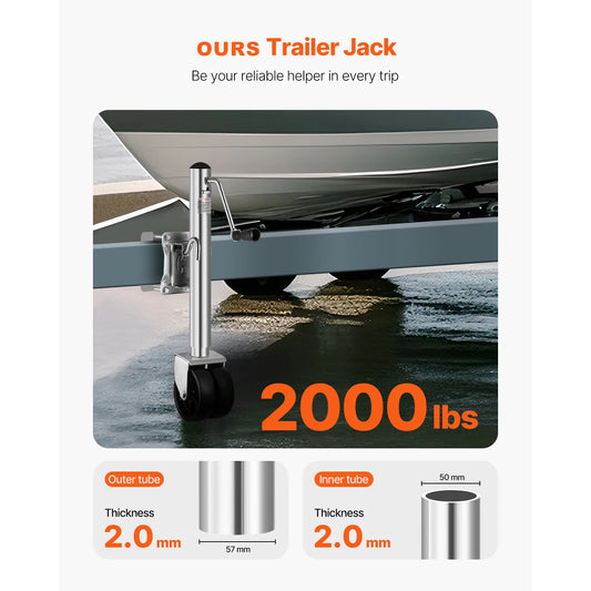 Trailer Jack w/ Wheel 2000lbs Capacity Heavy Duty Swivel Boat Jack w/ PP Single Wheel & Ergonomic Handle 12in Lift for RVs