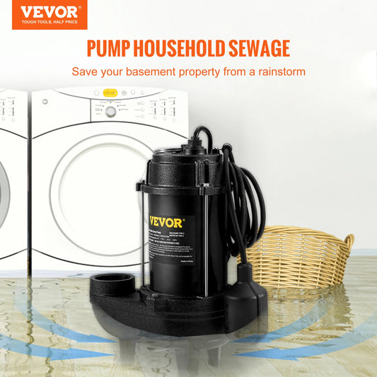 Submersible Sewage Pump 3/4 HP 5880 GPH 1050W Durable Cast Iron, 10 ft Piggy-back Float Switch for Septic Tanks, Basements
