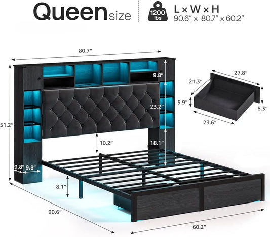 Queen Bed Frame with Bookcase Headboard and Storage Drawers, Metal Platform Queen Size Bed Frame , Black