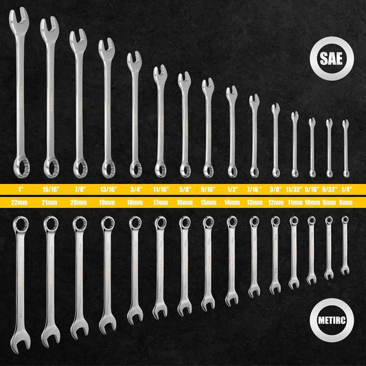 Combination Wrench Set, SAE & Metric, 1/4'' to 1'' & 8-22mm, 12-Point, Chrome Vanadium Steel, with Plastic Tray