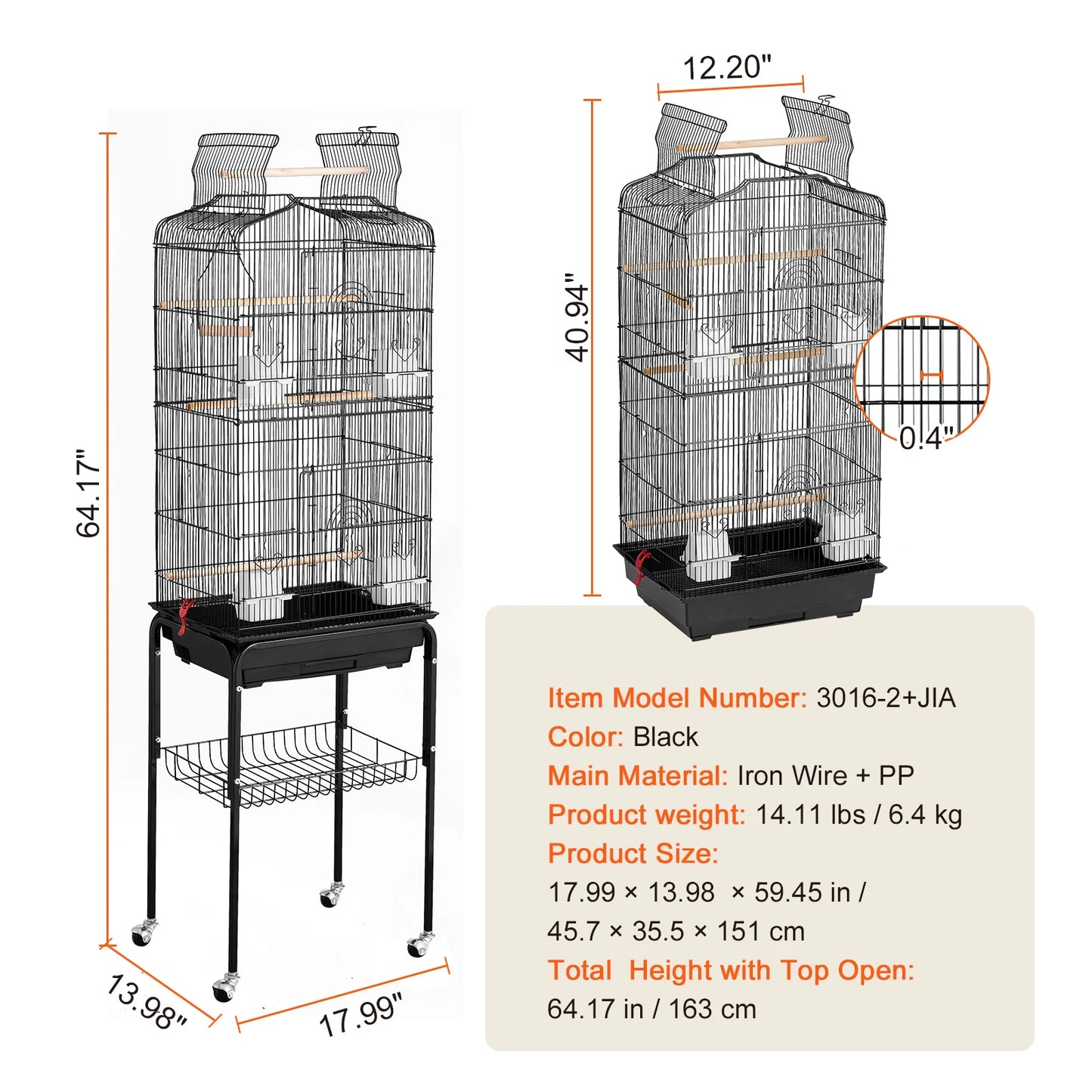 Open Top Large Parrot Bird Cage Hanging Bird Cage for Kinds of Birds Travel Pet Flight Birdcage with Swing and Perch