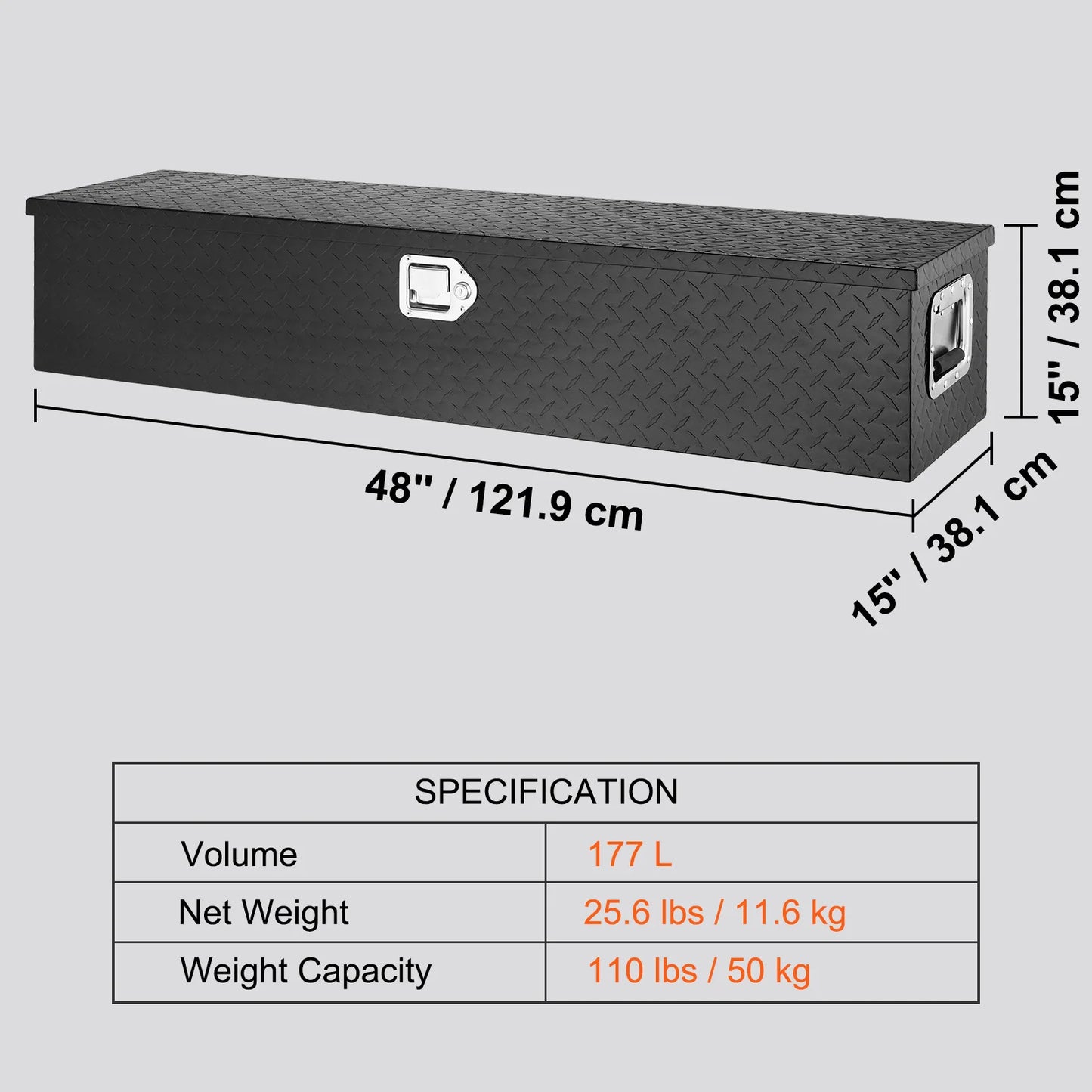 Heavy Duty Aluminum Truck Bed Tool Box, Diamond Plate Tool Box with Side Handle and Lock Keys for Pickup, Truck Bed, RV