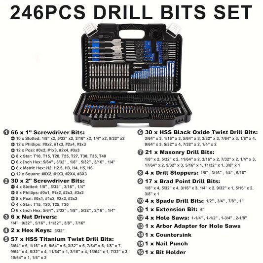 246-Pieces Drill Bit Set,Drill Bits and Driver Set for Wood Metal Cement Drilling and Screw Driving,Full Combo Kit Carrying Case