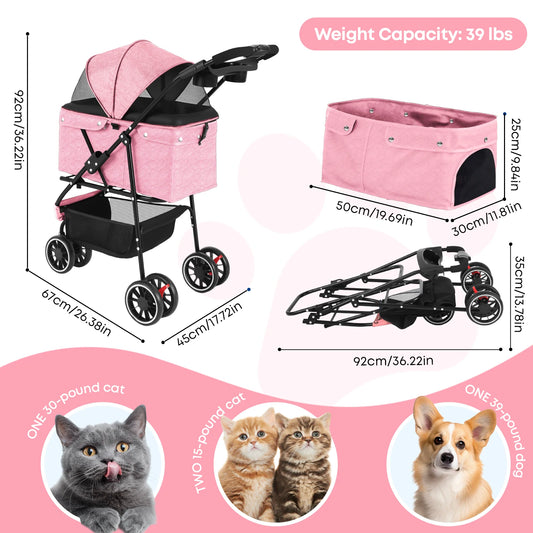 Pet Stroller For Small Puppy Dogs & Cats Travel Portable Dog Stroller Foldable Dog Cat Carrier Strolling