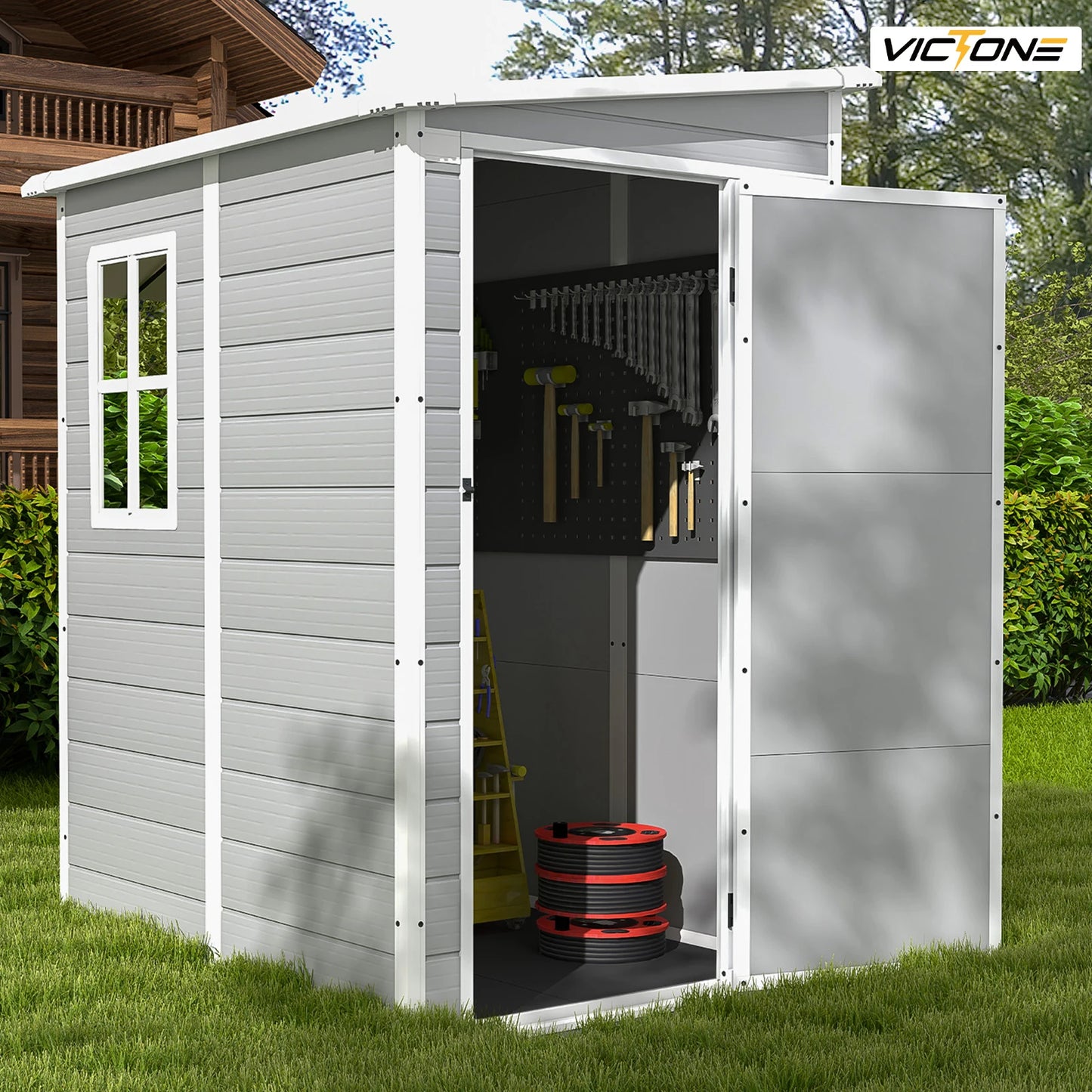 5x4 FT Plastic Outdoor Storage Shed With Floor, Resin Storage Shed & Lockable Window/ Door