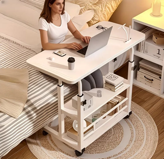 3-Tier Heavy-Duty Metal Folding Table, Height-Adjustable & Extendable Desktop, Mobile Computer Desk with Storage Shelf and Smoot