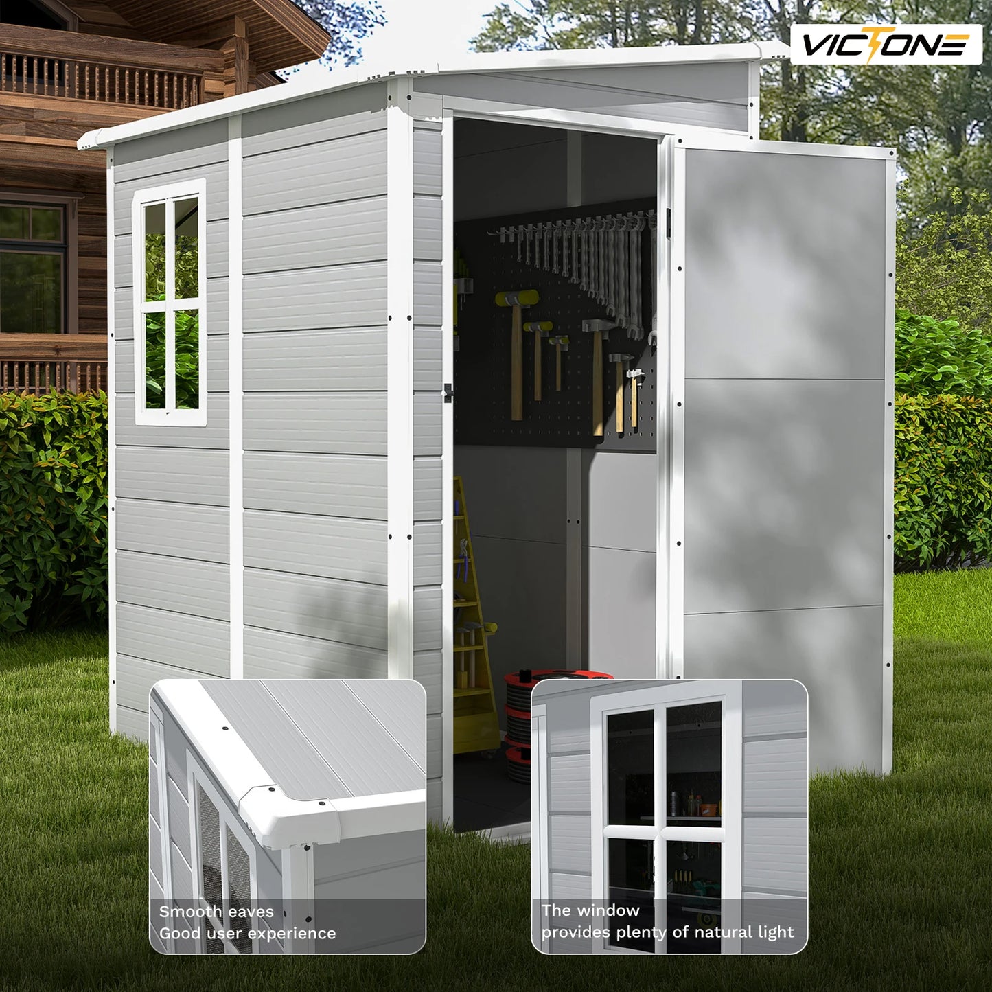 5x4 FT Plastic Outdoor Storage Shed With Floor, Resin Storage Shed & Lockable Window/ Door