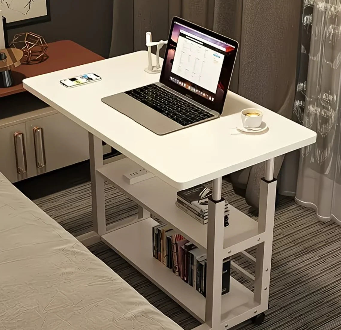3-Tier Heavy-Duty Metal Folding Table, Height-Adjustable & Extendable Desktop, Mobile Computer Desk with Storage Shelf and Smoot