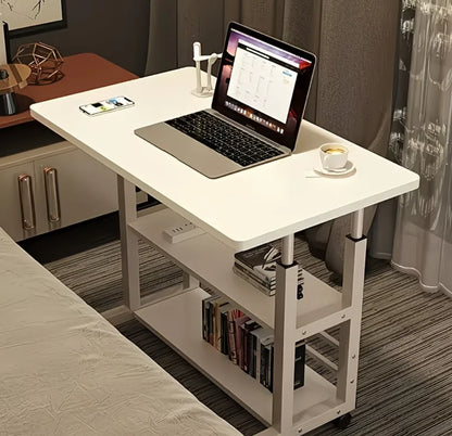 3-Tier Heavy-Duty Metal Folding Table, Height-Adjustable & Extendable Desktop, Mobile Computer Desk with Storage Shelf and Smoot
