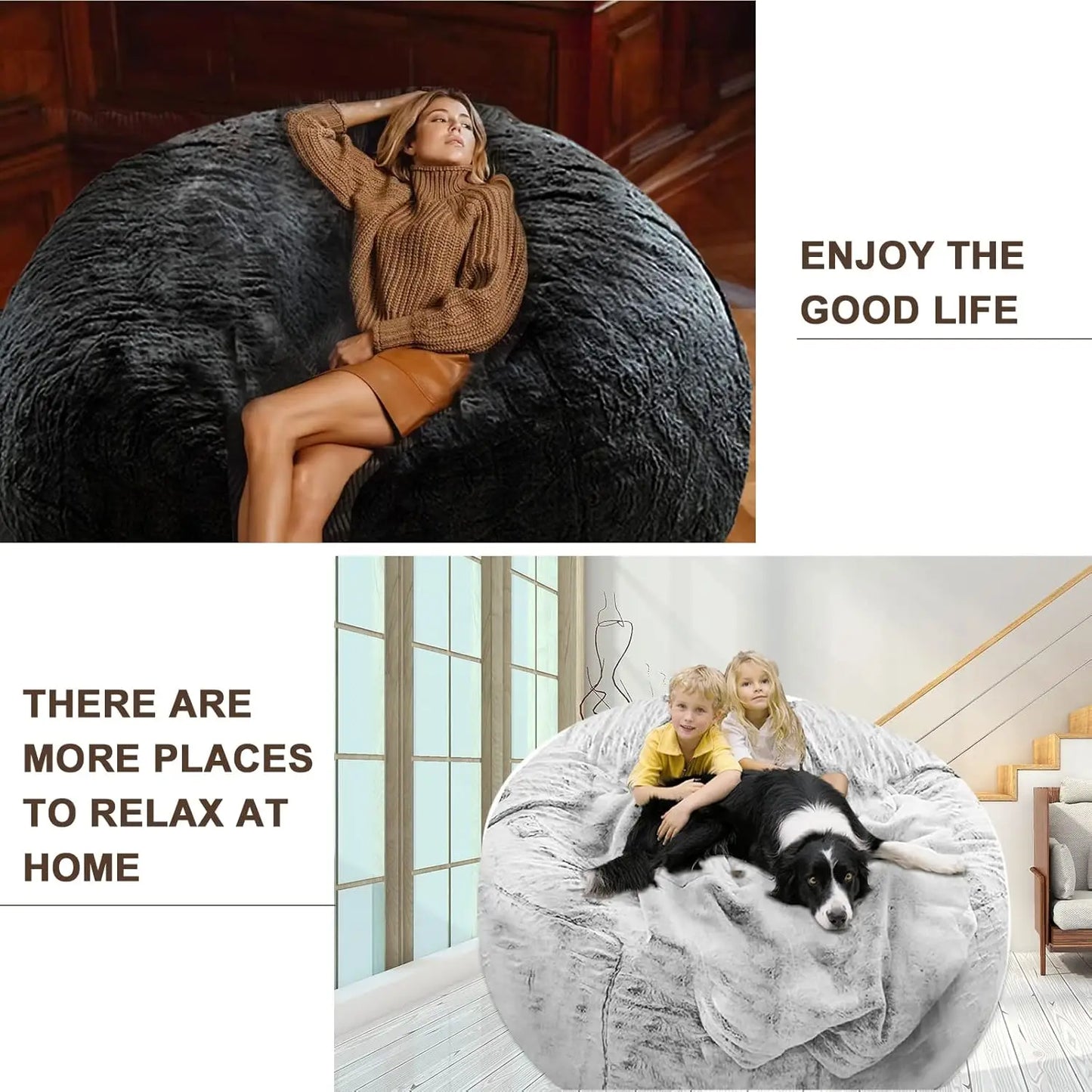 Big Round Soft Fluffy PV Velvet Washable Bean Bag Chair Cover Without Filler, Lazy Sofa Bed for Adults, Dark Grey