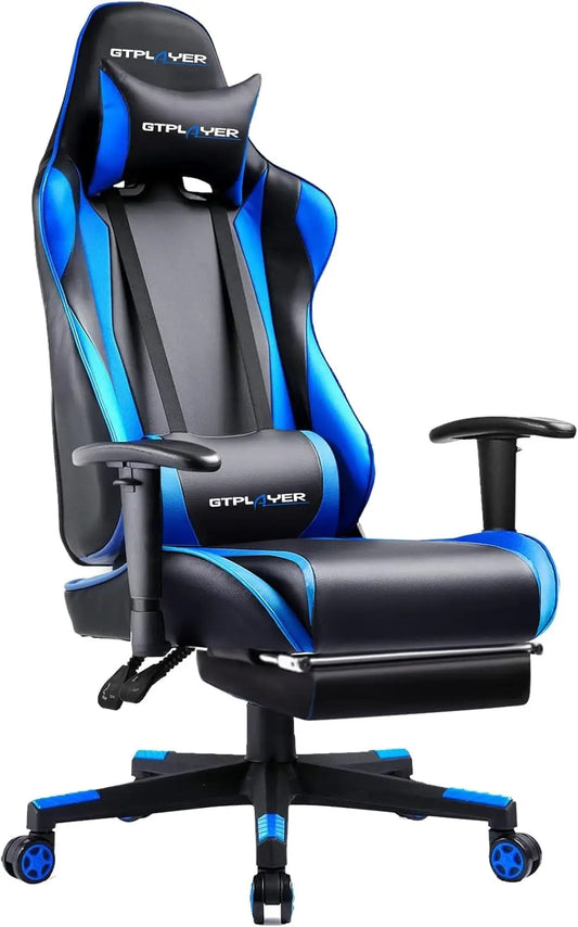 Ergonomic Gaming Chair with Footrest, Reclining Seat Height Adjustment, Swivel Rocker Headrest Lumbar Support in Blue