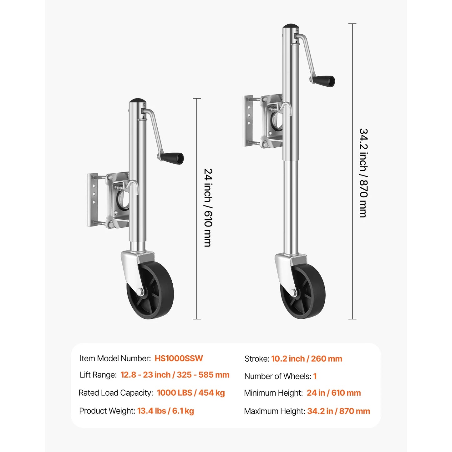 Trailer Jack w/ Wheel 2000lbs Capacity Heavy Duty Swivel Boat Jack w/ PP Single Wheel & Ergonomic Handle 12in Lift for RVs