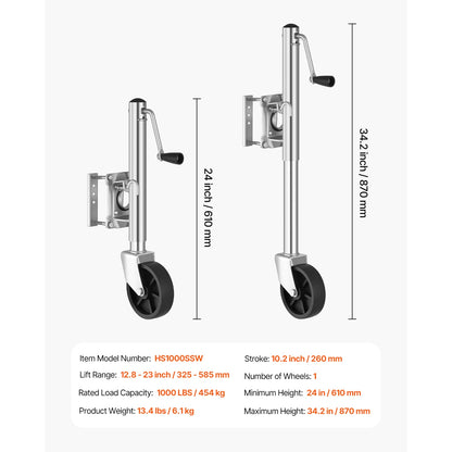 Trailer Jack w/ Wheel 2000lbs Capacity Heavy Duty Swivel Boat Jack w/ PP Single Wheel & Ergonomic Handle 12in Lift for RVs