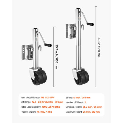 Trailer Jack w/ Wheel 2000lbs Capacity Heavy Duty Swivel Boat Jack w/ PP Single Wheel & Ergonomic Handle 12in Lift for RVs