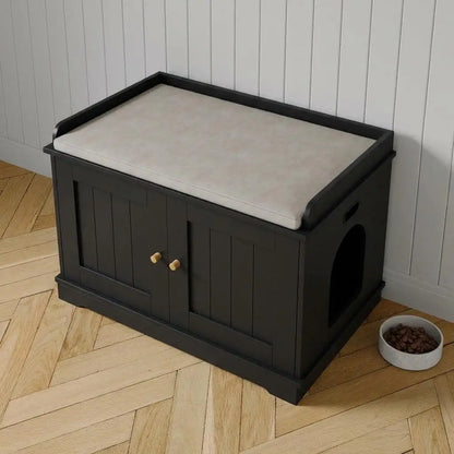 Modern Barn Door Cat Litter Box Enclosure Cabinet – Hidden Wooden Cat Washroom Furniture Large Indoor Pet House End Table