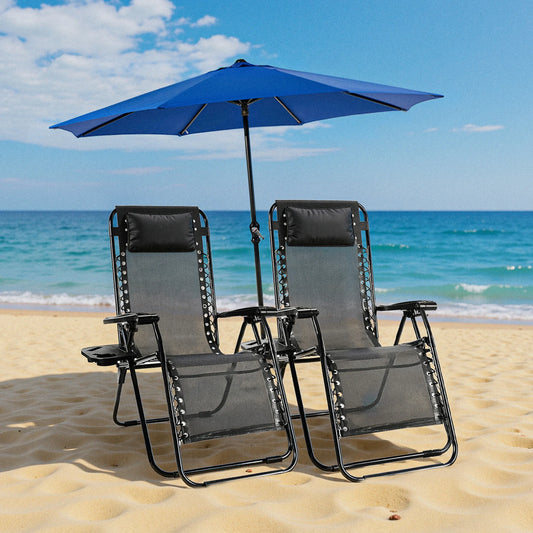 Set of 2 Portable Recliner Camping Patio Garden Lounge Chairs with Cup Holder Trays And Adjustable Pillow