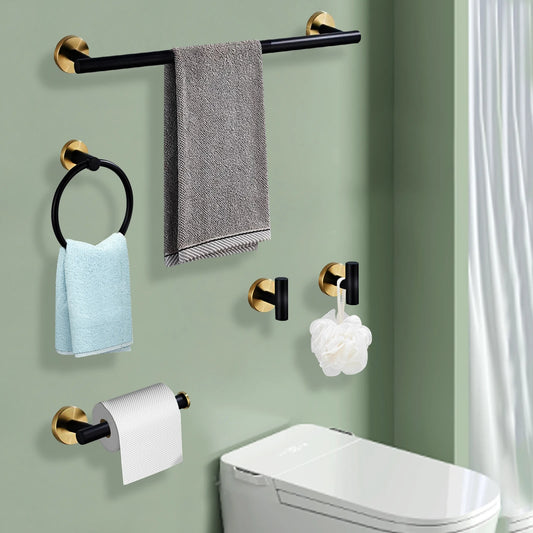 5-Piece Bathroom Hardware Set Black and Gold,  Set Stainless Steel Wall Mounted - with 2 Robe Towel Hooks & Towel Ring ﻿