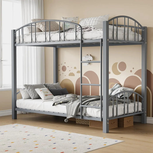 Metal Loft Bunk Beds Twin Over Full Size with Heightened Safety Guardrail & Ladder