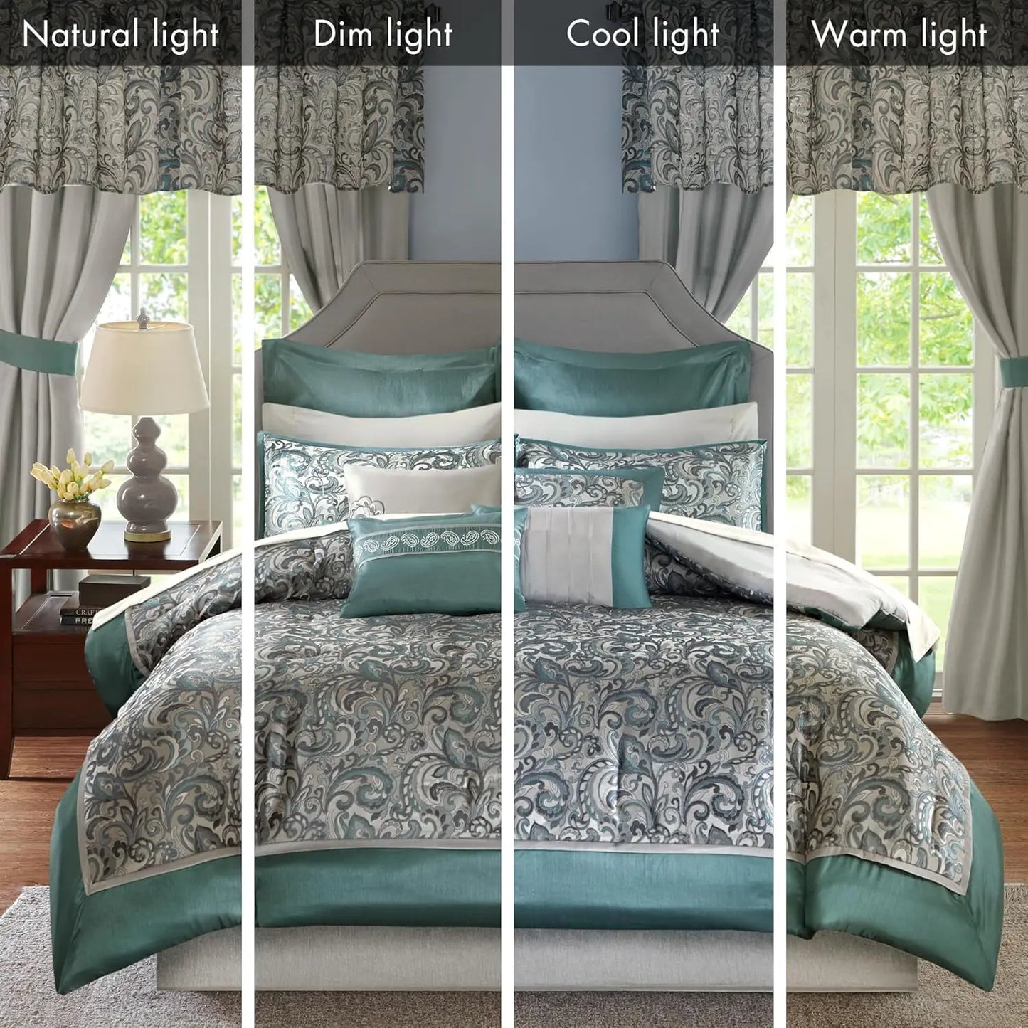 24-Piece  Comforter Set with Matching Curtains, Hypoallergenic King Size Teal Bedding