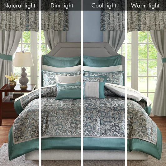 24-Piece  Comforter Set with Matching Curtains, Hypoallergenic King Size Teal Bedding