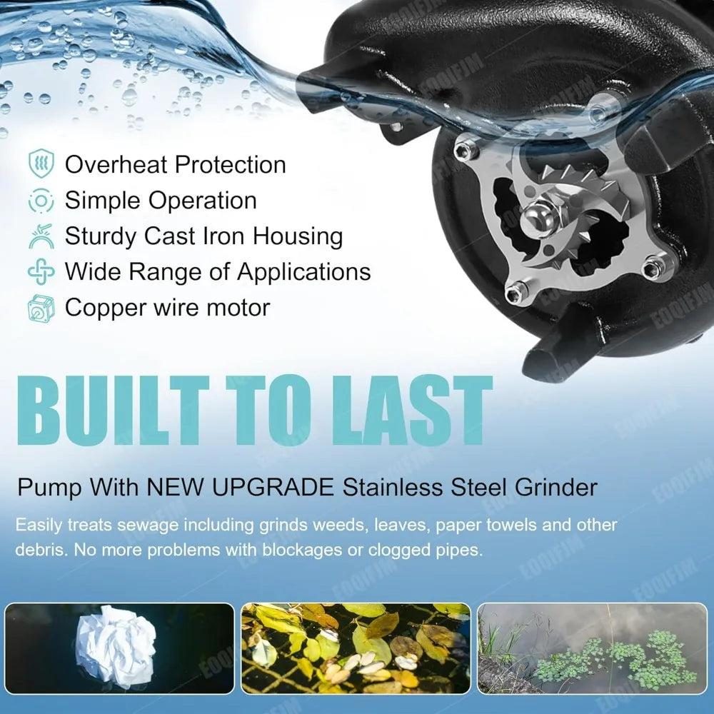 110V Cast Iron Submersible Sewage Grinder Pump with Auto Float Switch, 6400 GPH for Basement Applications