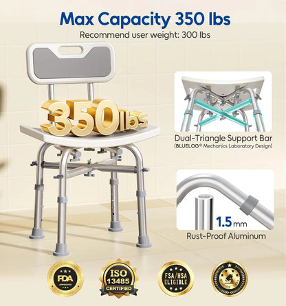 Adjustable Shower Chair with Back for Elderly & Disabled, 350 lbs Capacity, FSA/HSA Eligible