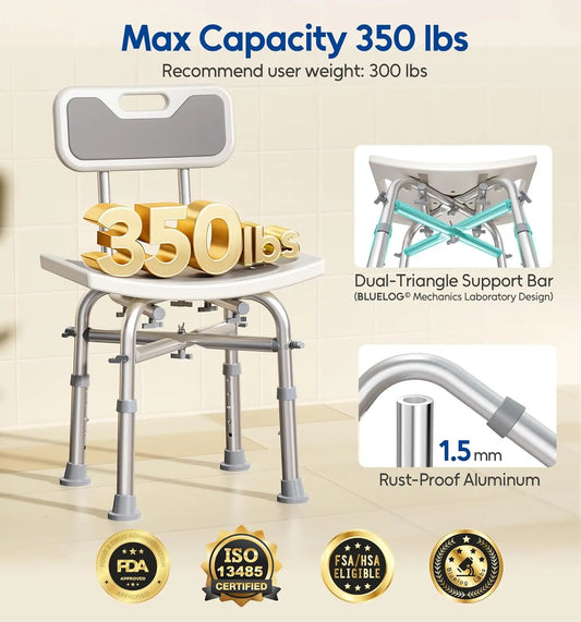 Adjustable Shower Chair with Back for Elderly & Disabled, 350 lbs Capacity, FSA/HSA Eligible