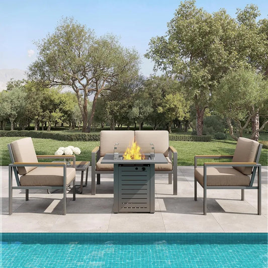 5-Piece Modern Patio Furniture Set with Fire Pit Table