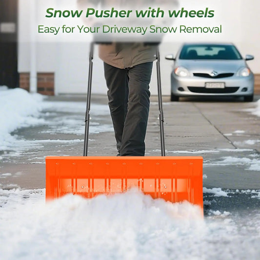 30" Wide Metal Snow Shovel with Wheels, Heavy Duty Manual Push Plow & Ice Scraper for Driveway.