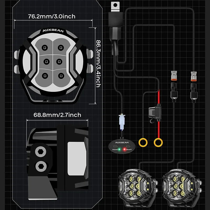 AUXBEAM 3 Inch 108W LED Pod Lights Driving Lights LED Side Shooter Pod Lights with Amber DRL for ATV UTV SUV Off Road