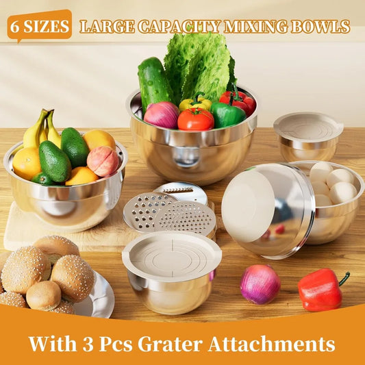 6-Piece Stainless Steel Mixing Bowls with Lids, 3 Graters & Non-Slip Bottoms, Nesting Storage Set for Kitchen (5.5-1.1 QT)