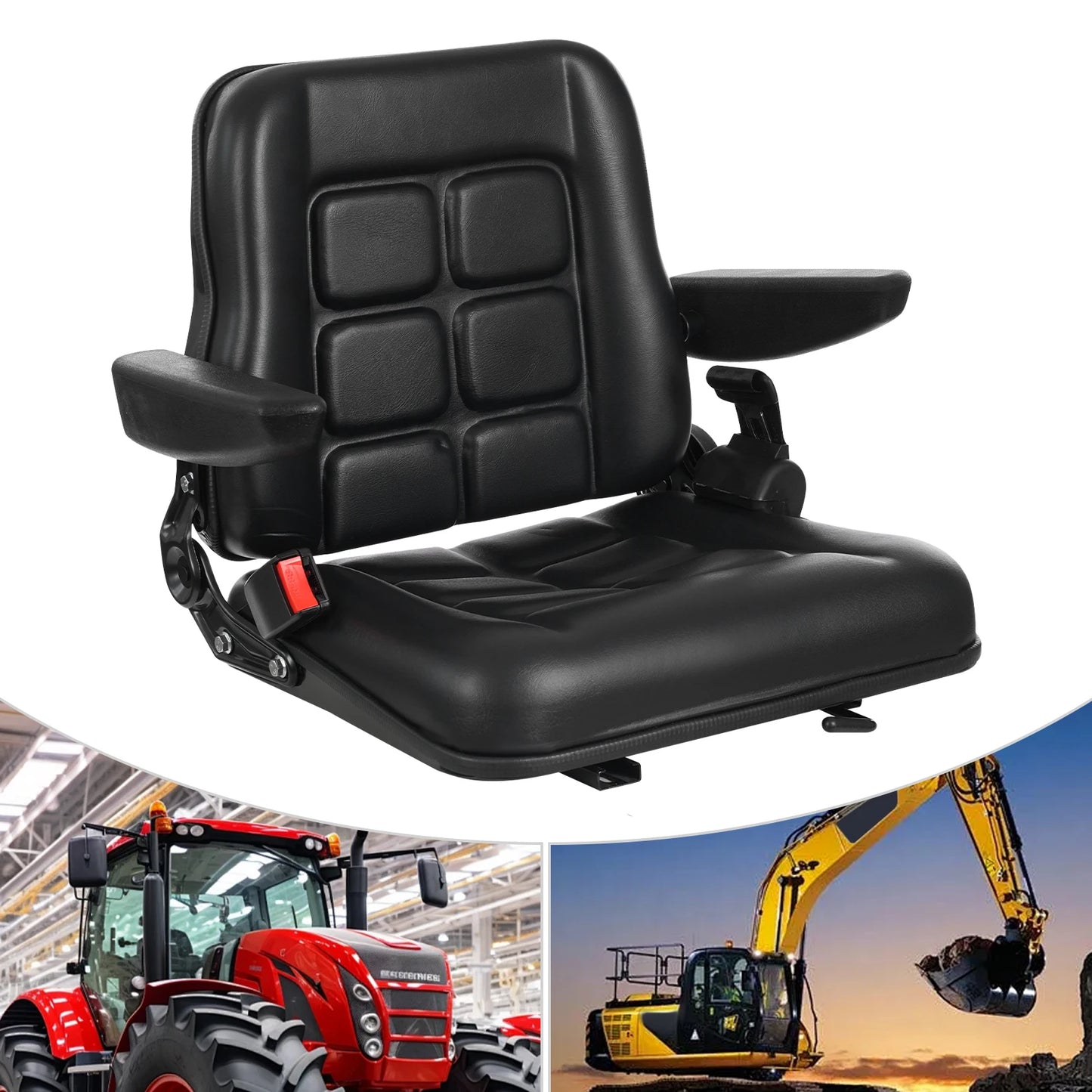 Forklift Seat with Safety Belt and Armrest Tractor Excavator Seat Capacity100kg  Adjustable Angle 35-180°