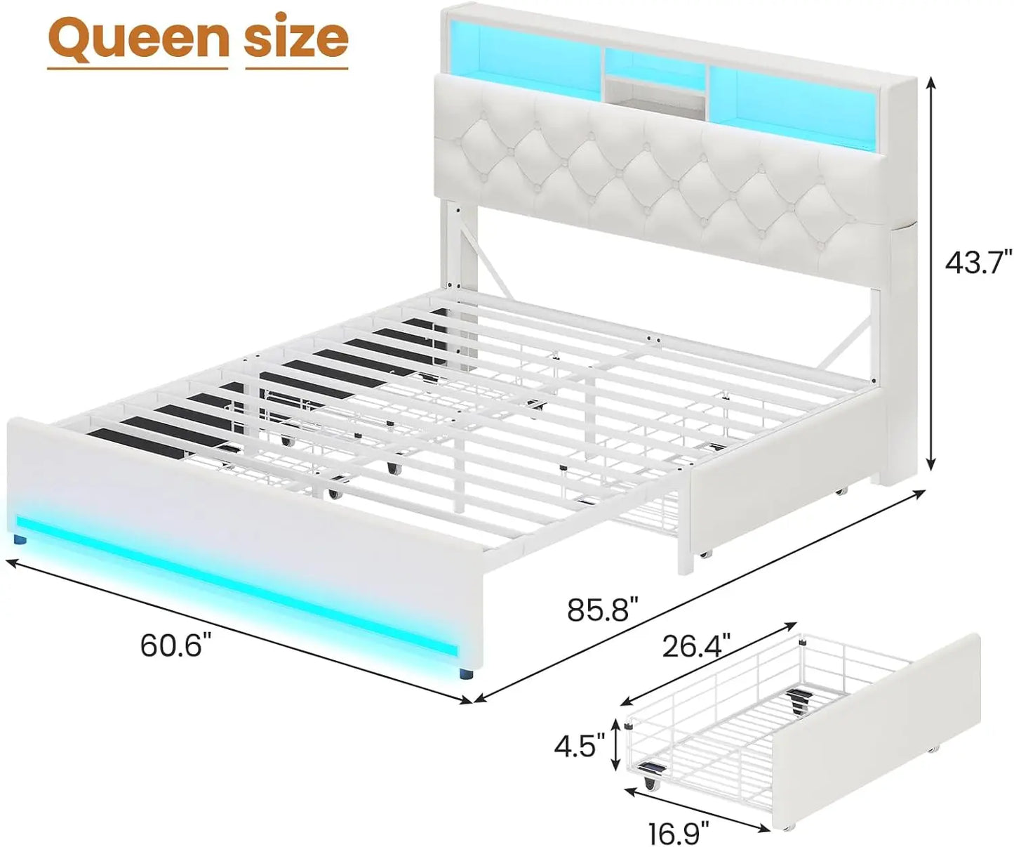 Velvet Platform Bed with LED Lights, Storage Drawers, and Charging Station in Creamy White