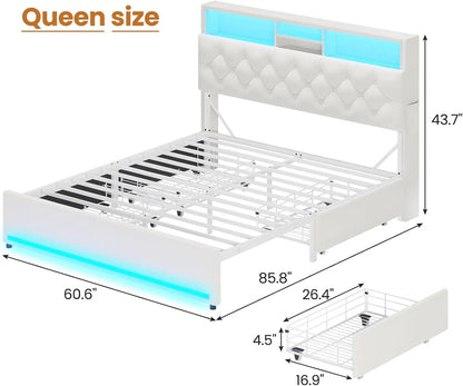 Velvet Platform Bed with LED Lights, Storage Drawers, and Charging Station in Creamy White