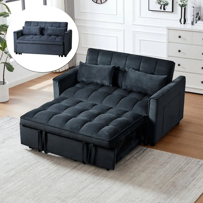 3-in-1 Convertible Sleeper Sofa Bed Adjustable Velvet Pull Out Loveseat Side Pocket Living Room Black Customized