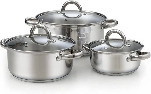 6 Piece Stainless Steel Stock Pot Set with Glass Lids for Induction Stoves