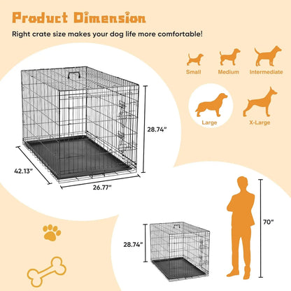 42 Inch Large Double Door Dog Crate with Leak-Proof Tray, Folding Metal Wire Pet Kennel for Indoor/ Outdoor Travel